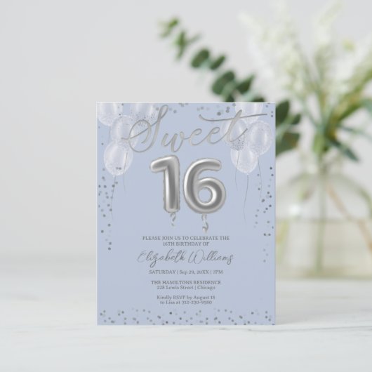 Silver Sweet 16 Balloons Blue Budget Invitations (Staand voorkant)