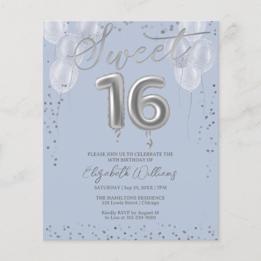 Silver Sweet 16 Balloons Blue Budget Invitations (Voorkant)