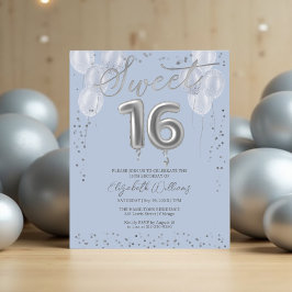 Silver Sweet 16 Balloons Blue Budget Invitations