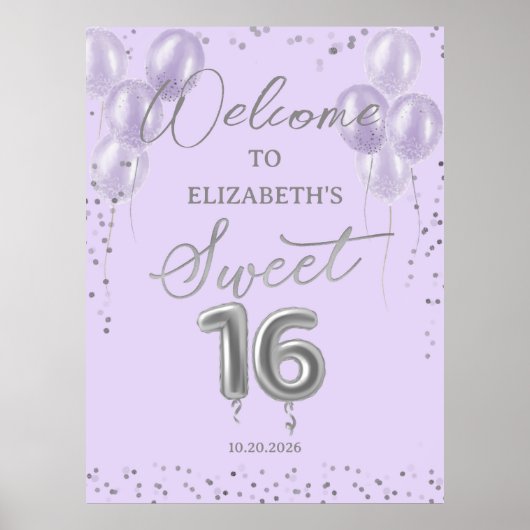 Silver Sweet 16 Balloons Lavender Welcome Sign Poster (Voorkant)