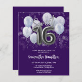 Silver Sweet 16 Balloons Paarse Budge Invitation (Voorkant / Achterkant)