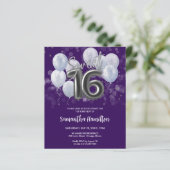 Silver Sweet 16 Balloons Paarse Budge Invitation (Staand voorkant)