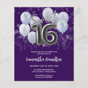 Silver Sweet 16 Balloons Paarse Budge Invitation