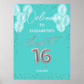 Silver Sweet 16 Balloons Royal Blauwgroen Welcome  Poster (Voorkant)