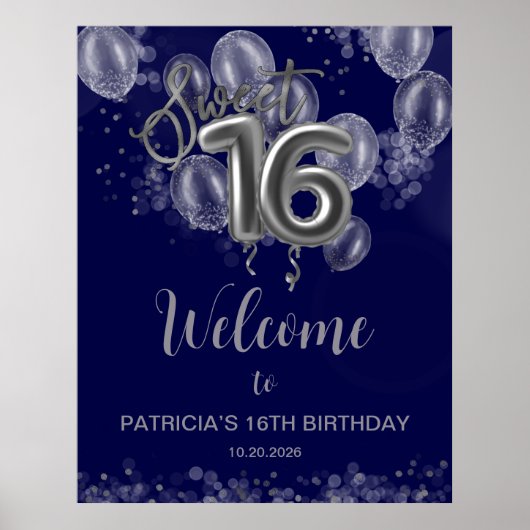 Silver Sweet 16 Balloons Royal Blue Welcome Sign Poster (Voorkant)