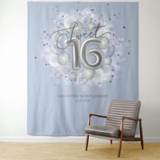 Silver Sweet 16 Bday-ballonnen Dusty Blue-achtergr Wandkleed (In situ)