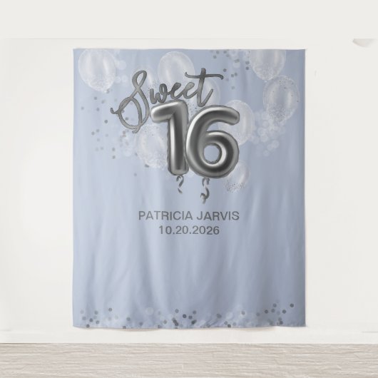 Silver Sweet 16 Bday-ballonnen Dusty Blue-backdrop Wandkleed (Voorkant)