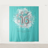Silver Sweet 16 Bday-ballonnen Partij Blauwgroen a Wandkleed (Voorkant)