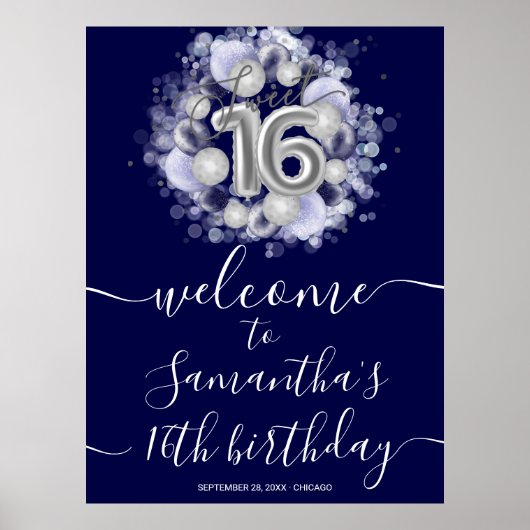 Silver Sweet 16 Bday Balloons Blue Welcome Sign Poster (Voorkant)