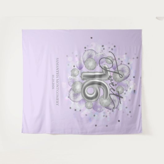 Silver Sweet 16 Bday Balloons Lavender Backdrop Wandkleed (Voorkant (horizontaal))