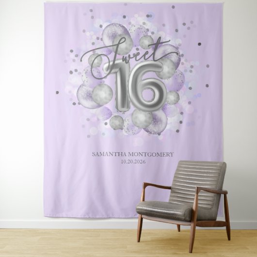 Silver Sweet 16 Bday Balloons Lavender Backdrop Wandkleed (In situ)
