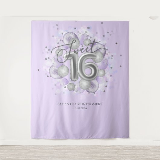 Silver Sweet 16 Bday Balloons Lavender Backdrop Wandkleed (Voorkant)