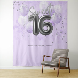 Silver Sweet 16 Bday Balloons Lavender Backdrop Wandkleed