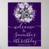 Silver Sweet 16 Bday Balloons Paars Welkomstteken Poster (Voorkant)