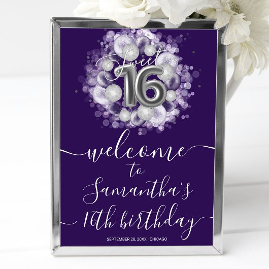 Silver Sweet 16 Bday Balloons Paars Welkomstteken Poster