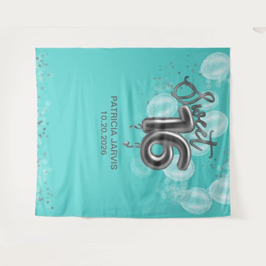 Silver Sweet 16 Bday Balloons Partij Blauwgroen ac Wandkleed (Voorkant (horizontaal))