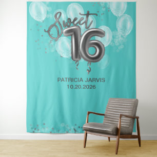 Silver Sweet 16 Bday Balloons Partij Blauwgroen ac Wandkleed