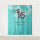 Silver Sweet 16 Bday Balloons Partij Blauwgroen ac Wandkleed (Voorkant)
