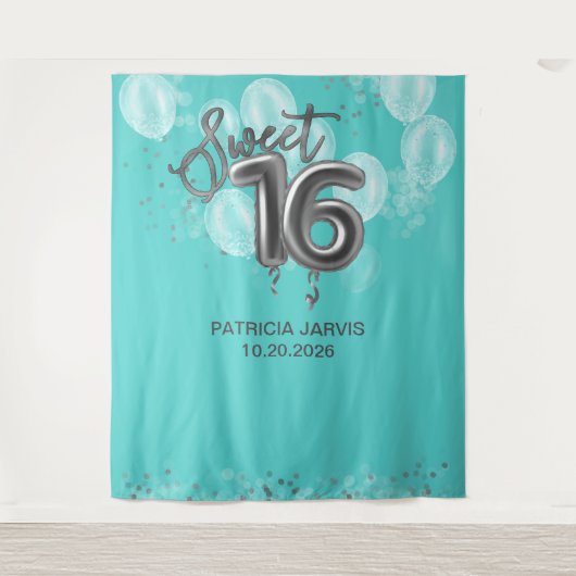 Silver Sweet 16 Bday Balloons Partij Blauwgroen ac Wandkleed (Voorkant)
