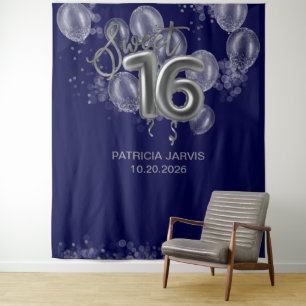 Silver Sweet 16 Bday Balloons Royal Blue Backdrops Wandkleed