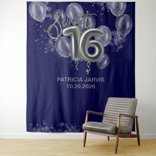 Silver Sweet 16 Bday Balloons Royal Blue Backdrops Wandkleed (In situ)