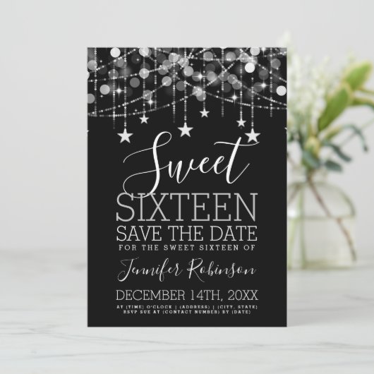 Silver Sweet 16 Sparkly String Lights sparen Datum Save The Date (Staand voorkant)