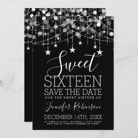Silver Sweet 16 Sparkly String Lights sparen Datum Save The Date (Voorkant / Achterkant)