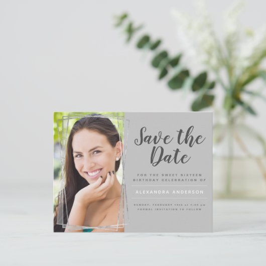 Silver Sweet 16 Verjaardag Save the Date Briefkaart (Staand voorkant)