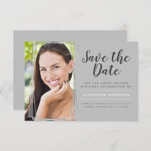 Silver Sweet 16 Verjaardag Save the Date Kaart (Voorkant / Achterkant)
