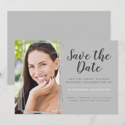 Silver Sweet 16 Verjaardag Save the Date Kaart (Voorkant / Achterkant)