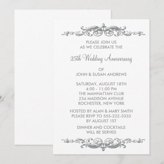 Silver Swirl 25th Wedding Jubileum Party Kaart (Voorkant / Achterkant)