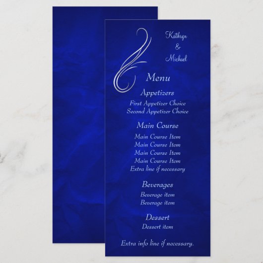 Silver Swirl Bright Blue Wedding Menu (Voorkant / Achterkant)