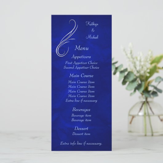 Silver Swirl Bright Blue Wedding Menu (Staand voorkant)