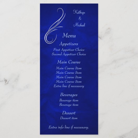 Silver Swirl Bright Blue Wedding Menu (Voorkant)