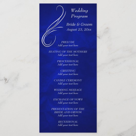 Silver Swirl Bright Blue Wedding Programma Programmakaart (Voorkant)