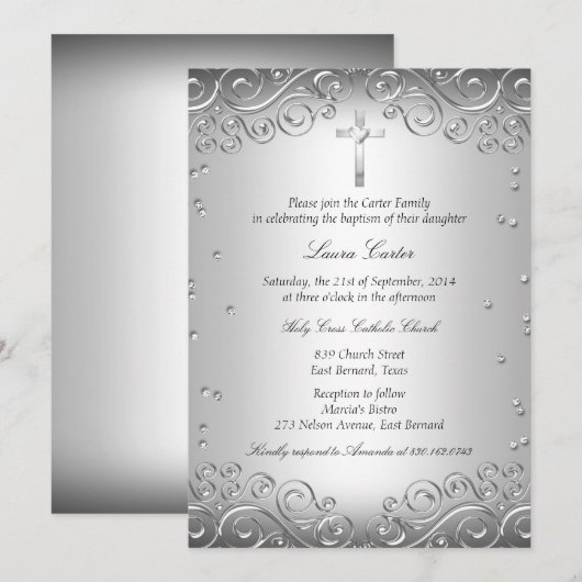 Silver Swirl en Cross Baptism/Christening Kaart (Voorkant / Achterkant)