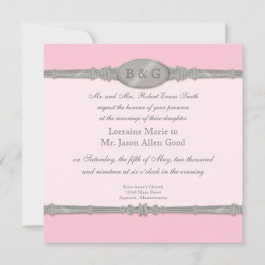 Silver Swirl Moire - Pink Grey Formal Wedding Kaart (Achterkant)