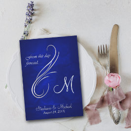Silver Swirl Monogram Bright Blue Wedding Kaart