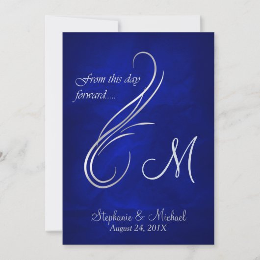 Silver Swirl Monogram Bright Blue Wedding Kaart (Voorkant)