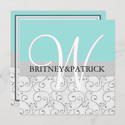 Silver Swirls Blue Wedding Invitations Kaart (Voorkant / Achterkant)