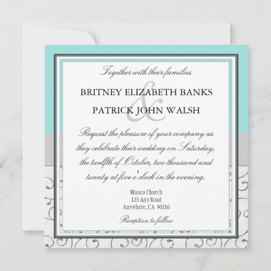 Silver Swirls Blue Wedding Invitations Kaart (Achterkant)