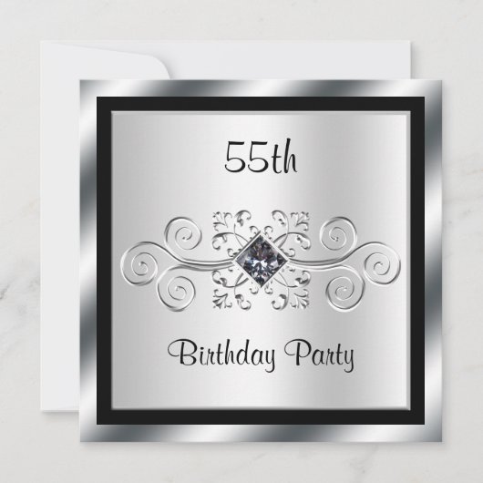 Silver Swirls & Diamond 55th Birthday Party Kaart (Voorkant)