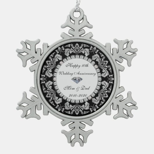 Silver Swirls Diamonds 10th Wedding Jubileum Tin Sneeuwvlok Ornament (Voorkant)