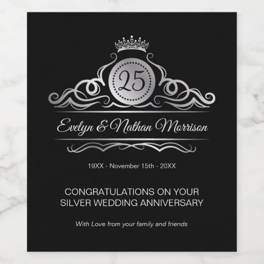 Silver Swirls op zwart 25e bruiloft Jubileum Wijn Etiket (Enkel label)