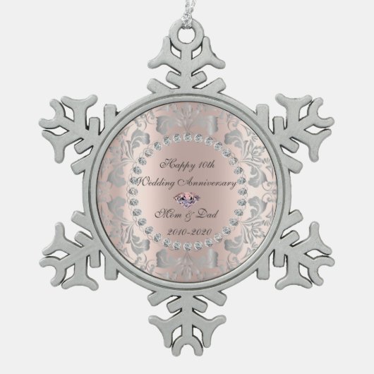 Silver Swirls Roos Gold 10th Wedding Jubileum Tin Sneeuwvlok Ornament (Voorkant)