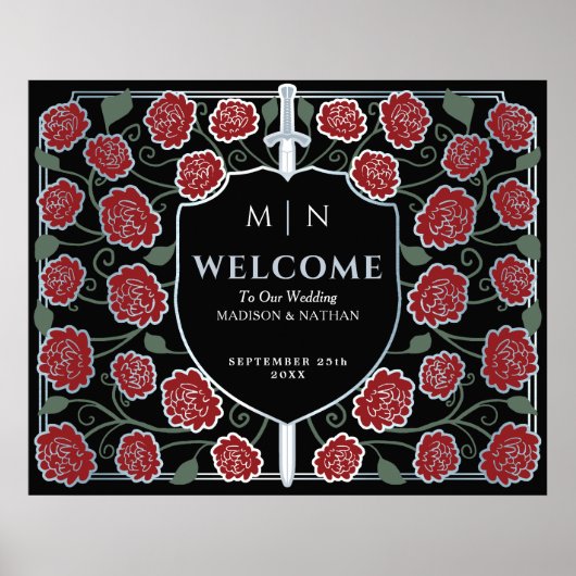 Silver Sword Shield Fantasy Wedding Welcome Sign Poster (Voorkant)