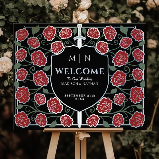 Silver Sword Shield Fantasy Wedding Welcome Sign Poster