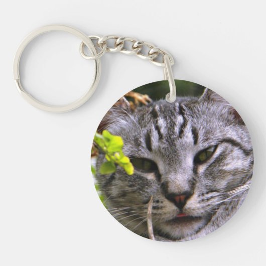 Silver Tabby Cat Face Sleutelhanger (Voorkant)