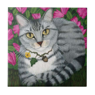 Silver Tabby Cat Garden Cat Art Tile Tegeltje