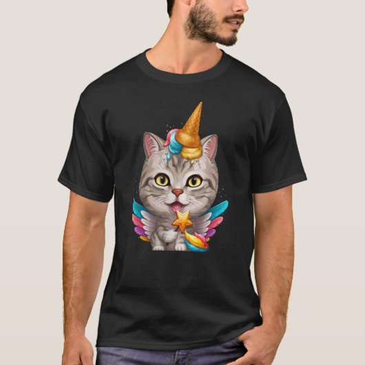Silver Tabby Cat Ice Cream Unicorn T-shirt (Voorkant)